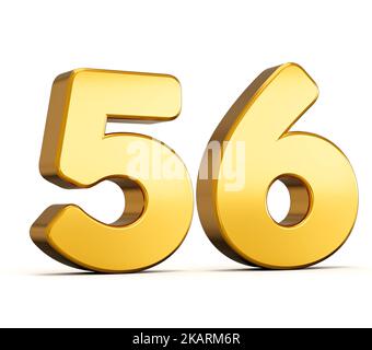 3d illustration of golden number fifty six or 56 isolated on white background with shadow. Stock Photo