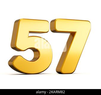 3d illustration of golden number fifty seven or 57 isolated on white background with shadow. Stock Photo