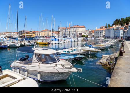Old town and harbour in Piran, Slovenia Stock Photo