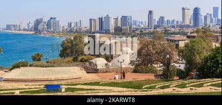 TEL AVIV, ISRAEL - SEPTEMBER 17, 2017: It is an aerial panoramic view of the city's oast from Jaffa. Stock Photo