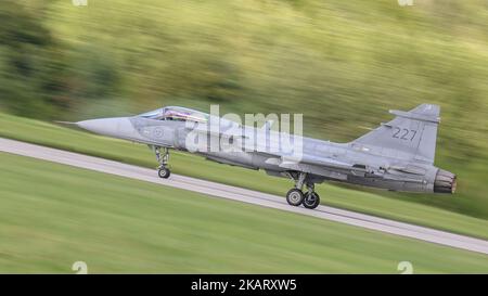 A Swedish military aircraft on the runway ready to fly Stock Photo