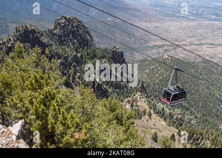 An aerial view of Sandia Peak Tramway in Albuquerque, New Mexico, in sunlight Stock Photo