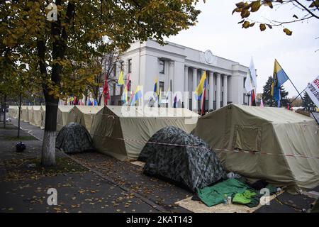 A tent camp set by opposition protesters is seen in front of the Ukrainian parliament building in Kyiv, Ukraine October 19, 2017. (Photo by Maxym Marusenko/NurPhoto) Stock Photo