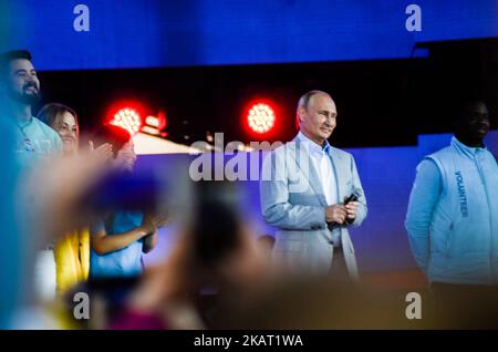 Russian President Vladimir Putin addresses participants of the 19th World Festival of Youth and Students during the official closing ceremony in Sochi's Olympic Park in Sochi on October 21, 2017. Taking part in the forum were more than 20,000 young men and women, including 10,000 from abroad. (Photo by Hristo Rusev/NurPhoto) Stock Photo