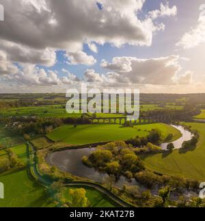Aerial view over Arthington Viaduct and the River Wharfe on a sunny autumn day Stock Photo