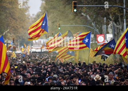 People gather to celebrate the proclamation of a Catalan republic at the Sant Jaume square in Barcelona on October 27, 2017. Catalonia's parliament voted to declare independence from Spain and proclaim a republic, just as Madrid is poised to impose direct rule on the region to stop it in its tracks. A motion declaring independence was approved with 70 votes in favour, 10 against and two abstentions, with Catalan opposition MPs walking out of the 135-seat chamber before the vote in protest at a declaration unlikely to be given official recognition. (Photo by Urbanandsport/NurPhoto) Stock Photo