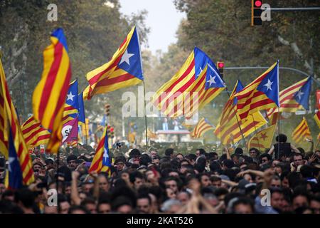 People gather to celebrate the proclamation of a Catalan republic at the Sant Jaume square in Barcelona on October 27, 2017. Catalonia's parliament voted to declare independence from Spain and proclaim a republic, just as Madrid is poised to impose direct rule on the region to stop it in its tracks. A motion declaring independence was approved with 70 votes in favour, 10 against and two abstentions, with Catalan opposition MPs walking out of the 135-seat chamber before the vote in protest at a declaration unlikely to be given official recognition. (Photo by Urbanandsport/NurPhoto) Stock Photo