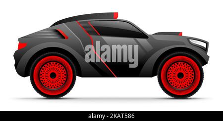 Extreme rally sports car in black and red colors isolated on white background. Aggressive car, safari off road vehicle design, vector illustration. Stock Vector
