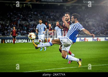 De la Bella of Real Sociedad kick the ball during the UEFA Europa League Group L football match between Real Sociedad and FK Vardar at the Anoeta Stadium, on November 2, 2017 in San Sebastian, Spain.(Photo by Jose Ignacio Unanue/NurPhoto) Stock Photo