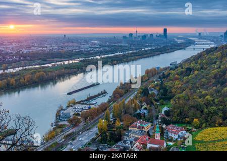 Wien, Vienna: sunrise at Vienna, vineyards, river Donau (Danube) and Neue Donau (New Danube, left), tower Donauturm, DC Tower 1, Millennium Tower, ham Stock Photo