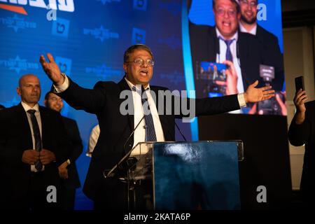 Jerusalem, Israel. 02nd Nov, 2022. Itamar Ben Gvir, head of “Otzma Yehudit” far-right party speaks during the celebrations at the Israeli right-wing parties following the first exit polls of the 2022 general elections, the fifth parliamentary elections in less than four years. Credit: SOPA Images Limited/Alamy Live News Stock Photo