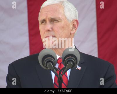 Vice President Mike Pence delivers remarks at Arlington National Cemetery in Arlington, VA on Veterans Day on November 11, 2017. (Photo by Kyle Mazza/NurPhoto) Stock Photo