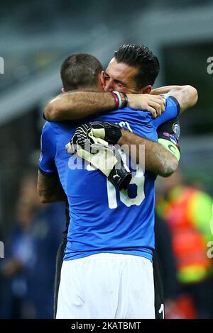 FIFA World Cup Qualifiers play-off Switzerland v Northern Ireland  Gianluigi Buffon and Leonardo Bonucci of Italy crying at the end of at San Siro Stadium in Milan, Italy on November 13, 2017. (Photo by Matteo Ciambelli/NurPhoto) Stock Photo