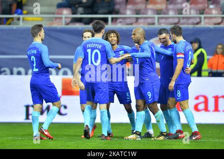 Ryan Babel, Steven Berghuis, Kevin Strootman of Netherlands celebrating a goal during International Friendly match between Romania and Netherlands at National Arena Stadium in Bucharest, Romania, on November 14, 2017. (Photo by Alex Nicodim/NurPhoto) Stock Photo