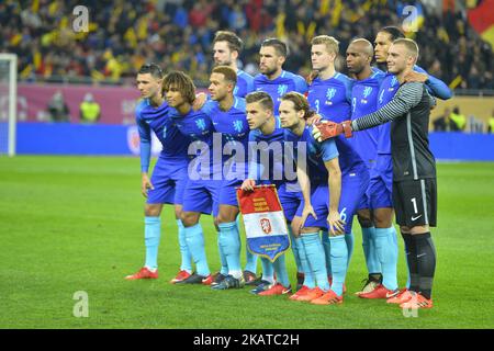 Netherlands national team pose before the International Friendly match between Romania and Netherlands at National Arena Stadium in Bucharest, Romania, on November 14, 2017. (Photo by Alex Nicodim/NurPhoto) Stock Photo