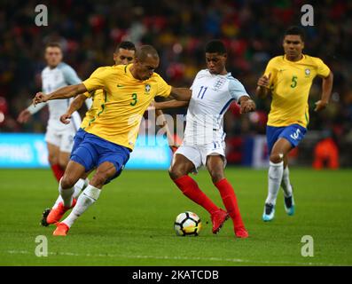 England's Marcus Rashford and Miranda of Brazil during International Friendly match between England and Brazil at Wembley stadium, London on 14 Nov , 2017 (Photo by Kieran Galvin/NurPhoto) Stock Photo