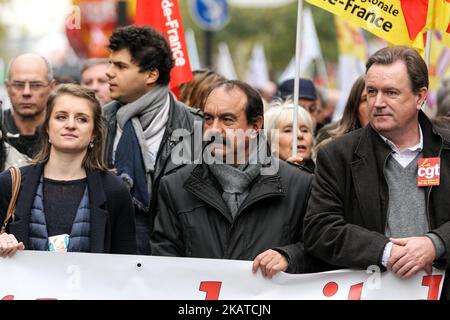 French workers' union General Confederation of Labour (CGT) Secretary-General Philippe Martinez (3rd L) and s French National Union of Students of France (UNEF) General Delegate, Lila Le Bas (1st L) attend a demonstration as part of a nationwide protest day against the government's economic and social reforms, on November 16, 2017 in Paris. (Photo by Michel Stoupak/NurPhoto) Stock Photo