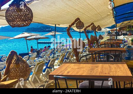 View of the cafe area on the beach. Kemer, Turkey Stock Photo