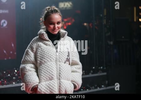 French-American actress and model Lily-Rose Depp poses before officially switching on the Champs Elysees Christmas lights on the Champs Elysees avenue in Paris on November 22, 2017. (Photo by Michel Stoupak/NurPhoto) Stock Photo