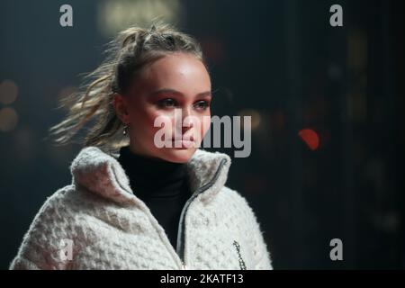 French-American actress and model Lily-Rose Depp poses before officially switching on the Champs Elysees Christmas lights on the Champs Elysees avenue in Paris on November 22, 2017. (Photo by Michel Stoupak/NurPhoto) Stock Photo