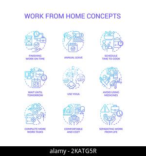 Work from home tips blue gradient concept icons set Stock Vector