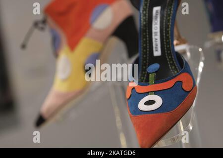 View of a creation by Spanish designer Manolo Blahnik during the exhibition 'The Art of Shoes' presented by the artist himself at the Museum of Decorative Arts in Madrid, Spain, 27 November 2017. The exhibition, with about 200 shoes created by Blahnik over a period of 45 years, will be open for visitors from 28 November until 8 March 2018. (Photo by Oscar Gonzalez/NurPhoto) Stock Photo