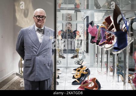 Spanish designer Manolo Blahnik poses during the exhibition 'The Art of Shoes' presented by the artist himself at the Museum of Decorative Arts in Madrid, Spain, 27 November 2017. (Photo by Oscar Gonzalez/NurPhoto) Stock Photo