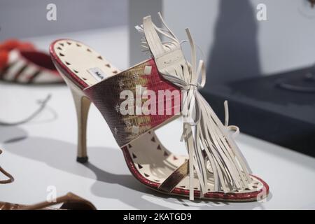 View of a creation by Spanish designer Manolo Blahnik during the exhibition 'The Art of Shoes' presented by the artist himself at the Museum of Decorative Arts in Madrid, Spain, 27 November 2017. The exhibition, with about 200 shoes created by Blahnik over a period of 45 years, will be open for visitors from 28 November until 8 March 2018. (Photo by Oscar Gonzalez/NurPhoto) Stock Photo