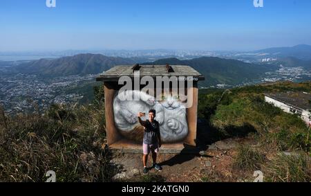 A giant cat graffiti is seen at MacLehose Trail Sector 8 in Tai Mo Shan.27OCT22   SCMP / Sam Tsang Stock Photo