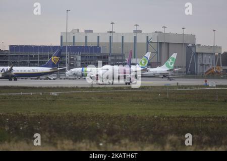 Picture taken at Eindhoven Airport, the 2nd largest airport in the Netherlands. It is a joined public and military airport. The airport is owned by Schiphol group (51%). It is a hub for Transavia, a dutch low cost company. In the airport are operating mostly low cost airlines like Transavia, Ryanair, WizzAir but also seasonal charter airlines as TUI or Corendon, transering people to holiday destinations. (Photo by Nicolas Economou/NurPhoto) Stock Photo