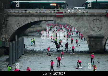 Paddle boarders pass near the Pont au Change bridge as they participate in the morning light in the Nautic SUP Paris crossing on the river Seine on December 3, 2017 in Paris. The Nautic SUP Paris crossing is the biggest Stand Up Paddle race in the world, offering the unique opportunity of paddling down the River Seine past the Eiffel Tower and other iconic landmarks. (Photo by Michel Stoupak/NurPhoto) Stock Photo