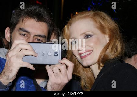 US actress Jessica Chastain poses for the media after arriving at a