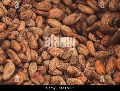 Roasted beans or seeds of Theobroma cacao or cocoa in a jute sack, close up Stock Photo