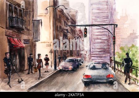 Street scene. Watercolor on paper. Stock Photo