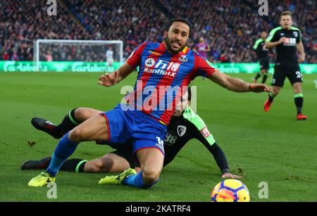 Crystal Palace's Andros Townsend gets tackled by Bournemouth's Charlie Daniels during Premier League match between Crystal Palace and AFC Bournemouth at Selhurst Park Stadium, London, England 09 Dec 2017. (Photo by Kieran Galvin/NurPhoto)  Stock Photo