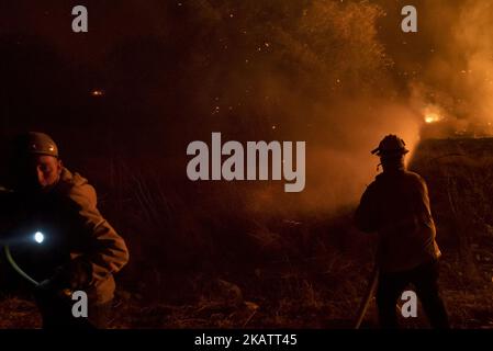 A resident and a firefighter battle the Creek Fire in Los Angeles, California on December 5, 2017. Firefighters across Southern California are battling six major fires that are fueled by strong Santa Ana winds with wind gusts of 70 miles per hour. (Photo by Ronen Tivony/NurPhoto) Stock Photo