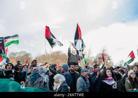 Protesters wave Palestinian flags and shout slogans during a demonstration against U.S. President Donald Trump's recognition of Jerusalem as Israel's capital, in the Hague, Netherlands on December 12, 2017. Around 200 people gathered to protest and show their support to Palestine. There was some tension when some of the protesters trying to demonstrated in front of the American Embassy, but the police and also the rest of the protesters kept things in calm. (Photo by Romy Arroyo Fernandez/NurPhoto) Stock Photo