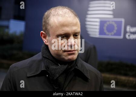 Joseph Muscat, Prime Minister of Malta is arriving to the Europa building in Brussels, Belgium for Euro Zone leaders summit on December 15, 2017. (Photo by Dominika Zarzycka/NurPhoto) Stock Photo