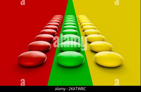 Colorful delicious chocolate candies or buttons lying in several rows, forming Traffic lights Concept Isolated on a colorful background 3d illustratio Stock Photo