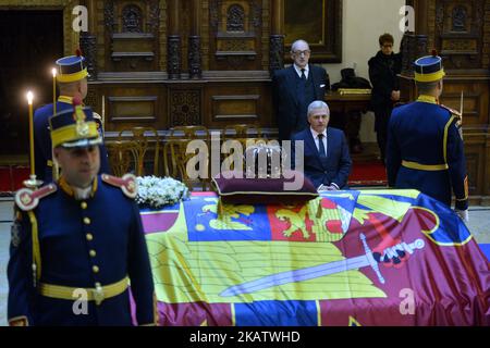 Liviu Dragnea the leader of the Social Democratic Party (PSD) attends the coffin of King Michael I of Romania at Castle Peles (150 km from Bucharest - The Peles Castle is summer residence of Romanian King) on December 13, 2017. A ceremony was held at the airport in the presence of the five daughters of the former king, representatives of the Romanian authorities and senior Orthodox prelates. The remains of Michel from Romania, who died on December 05, 2017 in Switzerland at the age of 96. (Photo by Alex Nicodim/NurPhoto) Stock Photo