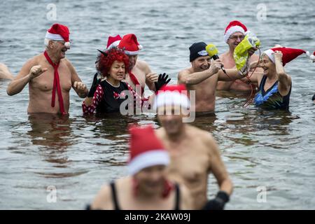 Members of swimming club 'Berliner Seehunde' (Berlin Seals) attend their traditional ice Christmas swimming in the Orankesee lake in Berlin, Germany on December 25, 2017. (Photo by Emmanuele Contini/NurPhoto) Stock Photo