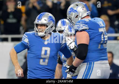 Detroit Lions quarterback Matthew Stafford (9) celebrates his touchdown during the second half of an NFL football game against the Green Bay Packers in Detroit, Michigan USA, on Sunday, December 31, 2017. (Photo by Jorge Lemus/NurPhoto) Stock Photo