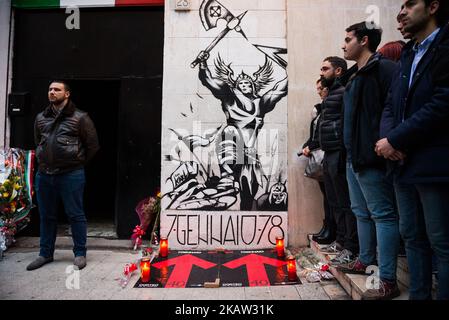 March for the 40th anniversary of Acca Larentia killing in Rome, Italy, January 7, 2018. The Acca Larentia killings refer to the political killing of three young activists, Franco Bigonzetti, Francesco Ciavatta and Stefano Recchioni, of the Youth Front of the Italian Social Movement in Rome the evening of January 7, 1978. Two of them had just left the headquarters of the ISM, located on a street known as Acca Larentia in the popular district of Tuscolano; the third was killed during the anti-police riots in the ensuing chaos at the site of the killings. (Photo by Michele Spatari/NurPhoto) Stock Photo