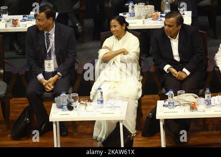 Mamata Banerjee Chief Minister of West Bengal along Mukesh Ambani chairman, managing director and largest shareholder of Reliance Industries Limited (RIL), Lakshmi Mittal ,CEO of ArcelorMittal Lakshmi Niwas Mittal, is an Indian steel magnate, based in the United Kingdom at the Bengal Global Business Summit on January 16,2018 in Kolkata,India. (Photo by Debajyoti Chakraborty/NurPhoto) Stock Photo
