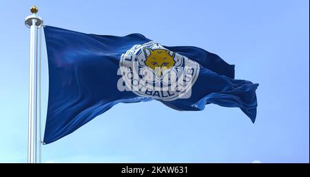 Leicester, UK, Oct. 2022: The flag of Leicester City Football Club waving in the wind. Leicester City FC is an English football club based in the city Stock Photo