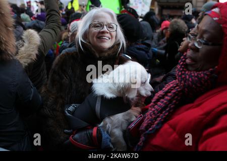 People gathers in the protest 'Rally Against Racism: Stand Up for Haiti and Africa' after President Trump's comments about Haitian and African immigrants at Times Square (42nd & Broadway),NY, USA, 15 January 2018. (Photo by Anik Rahman/NurPhoto) Stock Photo