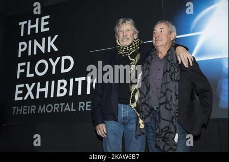 Nick Mason (R) and Roger Waters (L) of Pink Floyd pose for photographers before a press conference of the 'The Pink Floyd Exhibition: Their Mortal Remains' at the MACRO Museum in central Rome on January 16, 2018. (Photo by Giuseppe Maffia/NurPhoto) Stock Photo