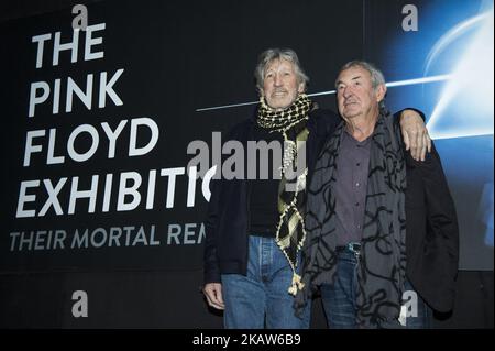 Nick Mason (R) and Roger Waters (L) of Pink Floyd pose for photographers before a press conference of the 'The Pink Floyd Exhibition: Their Mortal Remains' at the MACRO Museum in central Rome on January 16, 2018. (Photo by Giuseppe Maffia/NurPhoto) Stock Photo