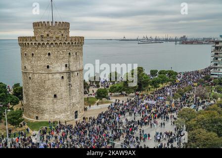 Protest against Former Yugoslavian Republic of 'Macedonia' in Thessaloniki, Greece on January 21, 2018. Greeks are protesting against the goverment and FYROM to compromise with the the use of the term Macedonia in the name of the neighbor country, FYROM. In the protest about 500.000 people gathered from all over Greece and abroad. It was held in the seafront in Thessaloniki in front of the statue of the Macedonian king, Alexander the Great. (Photo by Nicolas Economou/NurPhoto) Stock Photo