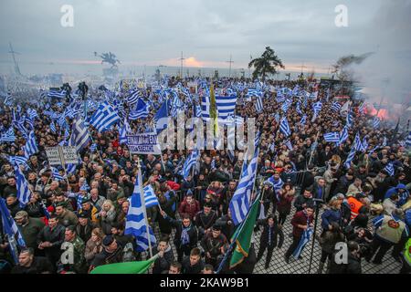 Protest against Former Yugoslavian Republic of 'Macedonia' in Thessaloniki, Greece on January 21, 2018. Greeks are protesting against the goverment and FYROM to compromise with the the use of the term Macedonia in the name of the neighbor country, FYROM. In the protest about 500.000 people gathered from all over Greece and abroad. It was held in the seafront in Thessaloniki in front of the statue of the Macedonian king, Alexander the Great. (Photo by Nicolas Economou/NurPhoto) Stock Photo